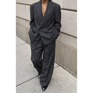 Vintage Balmain Men’s Double Breasted Wool Suit Charcoal Stripe Size 38S